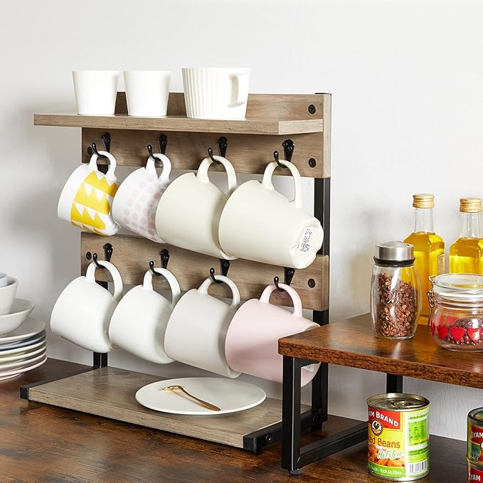 IBUYKE Rustic Coffee Mug Holder Stand, 2 Tier Countertop Mug Tree Holder Rack with Storage Base, Vintage Mug Holders for Kitchen, Holds 8 Mugs, Beige UTBJ002Y-NeatNest
