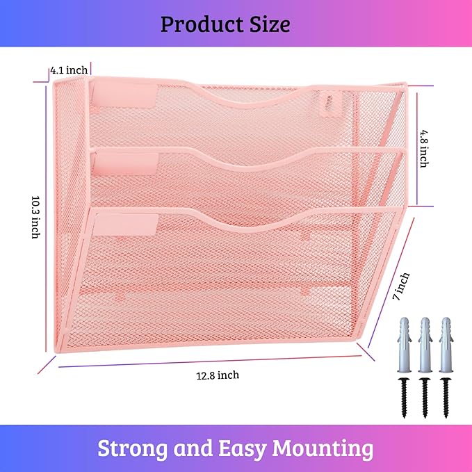 3 Pocket Wall File Holder Organizer, Mesh Hanging Wall Mounted Document Paper Folder Filing Magazine Rack with Nametag Label for Office Home School, 3 Tier Pink