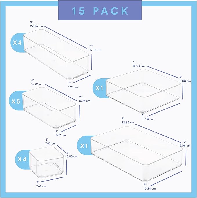 Fifteen Pieces. Plastic Clear Drawer Organizers. Bathroom, Kitchen, Bedroom, Utensils, Office Organizer Bins, Storage Trays. Heavy Duty, Stackable 5 Sizes.-NeatNest