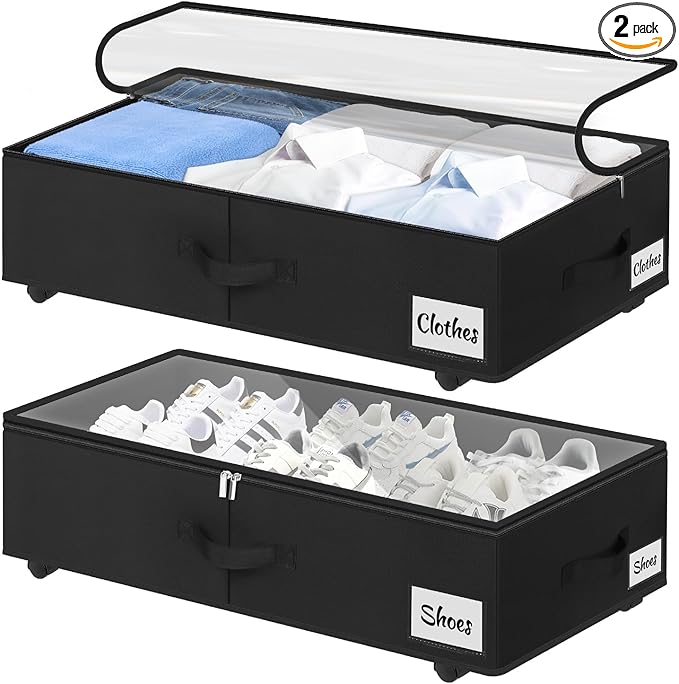 2 Pack Under Bed Storage with Wheels 6.7" Height, Rolling Storage Bins XL 50L, Underbed Shoe Storage Containers with Label & Clear Lid, Dorm Under bed Drawers for Clothes, Shoes, Quick Assembly, Black-NeatNest