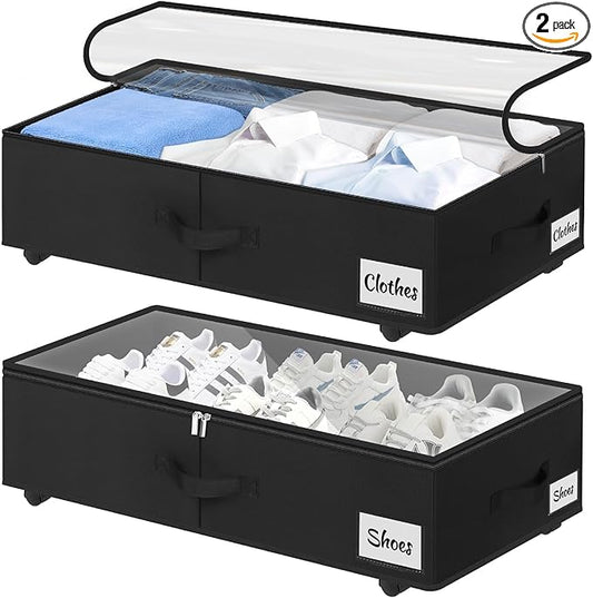 2 Pack Under Bed Storage with Wheels 6.7" Height, Rolling Storage Bins XL 50L, Underbed Shoe Storage Containers with Label & Clear Lid, Dorm Under bed Drawers for Clothes, Shoes, Quick Assembly, Black-NeatNest