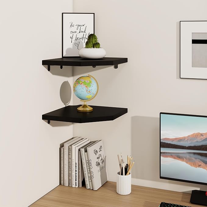 Fun Memories Corner Shelf Wall Mount Set of 2 - Solid Oak Wood Floating Corner Shelf with Cable Hole, 10in Rustic Design for Bedroom, Living Room, Kitchen (Black)-NeatNest