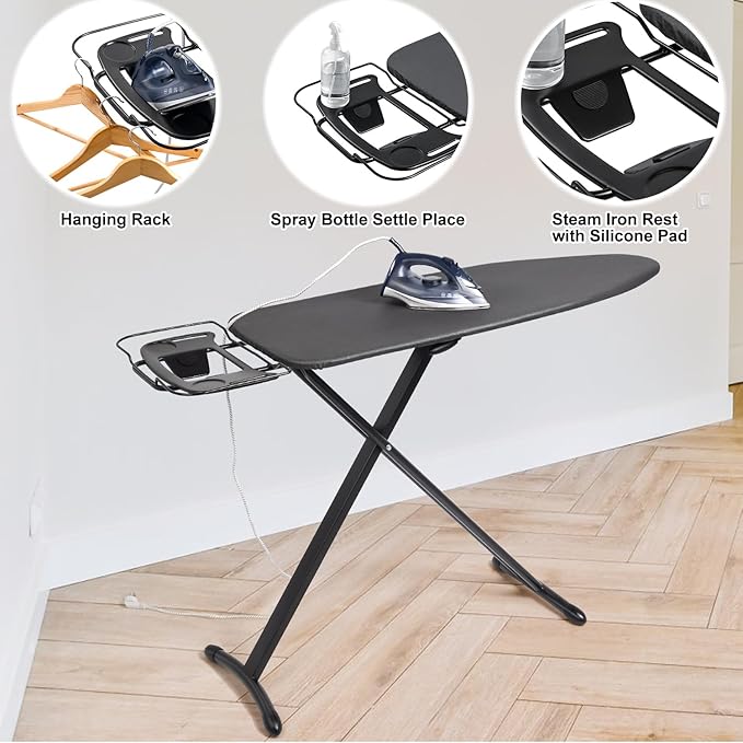 Duwee 17"x46" Ironing Board Full Size,Deluxe Ironing Board with Steam Iron Rest,Heat Resistant Cover and Thicken Felt Pad, Adjustable Height,Heavy Sturdy Legs,Black