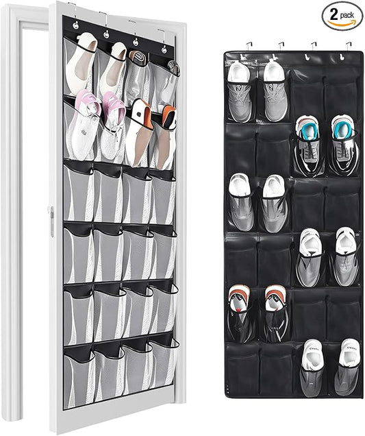 2pcs Black Over the Door Shoe Organizer,each containing 24-Pocket Over Door Shoe Organizer with Mesh Pockets, Over the Door Shoe Holder, Hanging Shoe Rack with total of 8 Metal Hooks-NeatNest