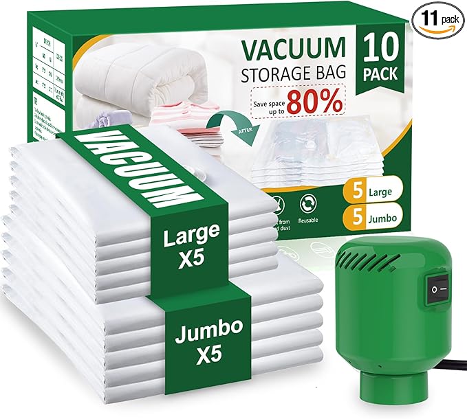 10 Pack Vacuum Storage Bags (5 Jumbo/5 Large) with Electric Pump, Reusable Compression Space Saver Bags for Autumn And Winter clothing, Mattress, Bedding, Quilts and Pillows, Comforters, Travel, White-NeatNest