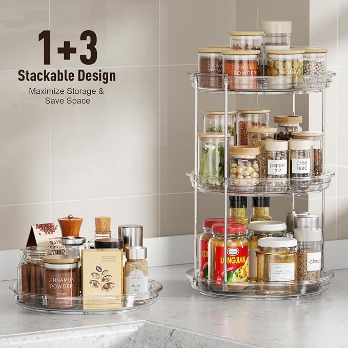 2 Tier Lazy Susan Organizer, 9.25'' Lazy Susan Turntable for Cabinet, Stackable Turntable Organizer Rotating Spice Rack Organization for Kitchen Countertop, Pantry, Bathroom, Clear-NeatNest