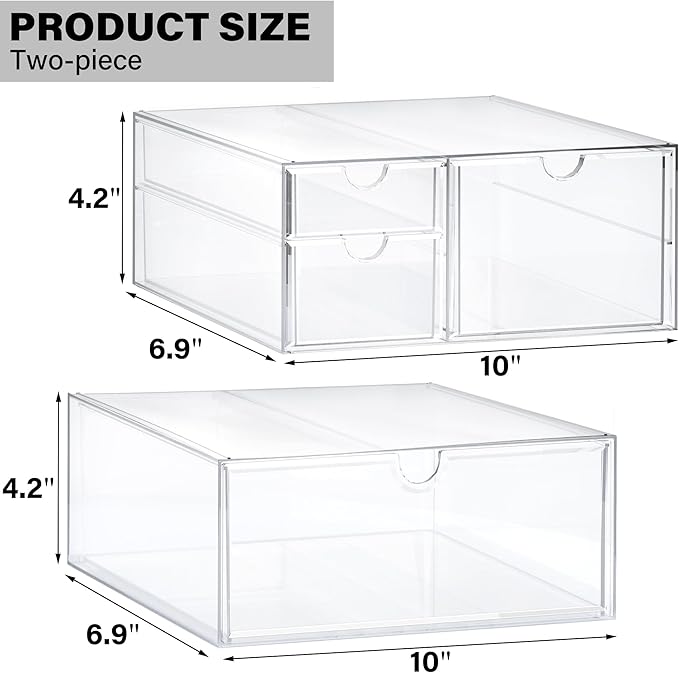 Prsildan Acrylic Drawer Makeup Organizer with 4 Drawers, Set of 2 Office Desk Organizers Accessories, Clear Stackable Storage Drawers for Vanity, Countertop, Craft, Jewelry, Art Supply Organization-NeatNest