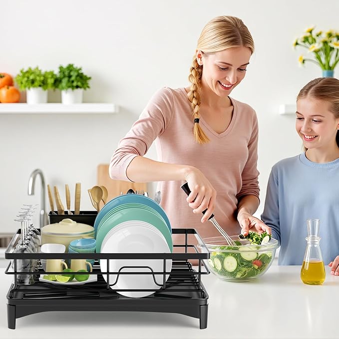 Black Stainless Steel Dish Drying Rack for Kitchen Counter, Space-Saving Dish Drainer with Drainboard, Utensil Holder & Collapsible Design-NeatNest