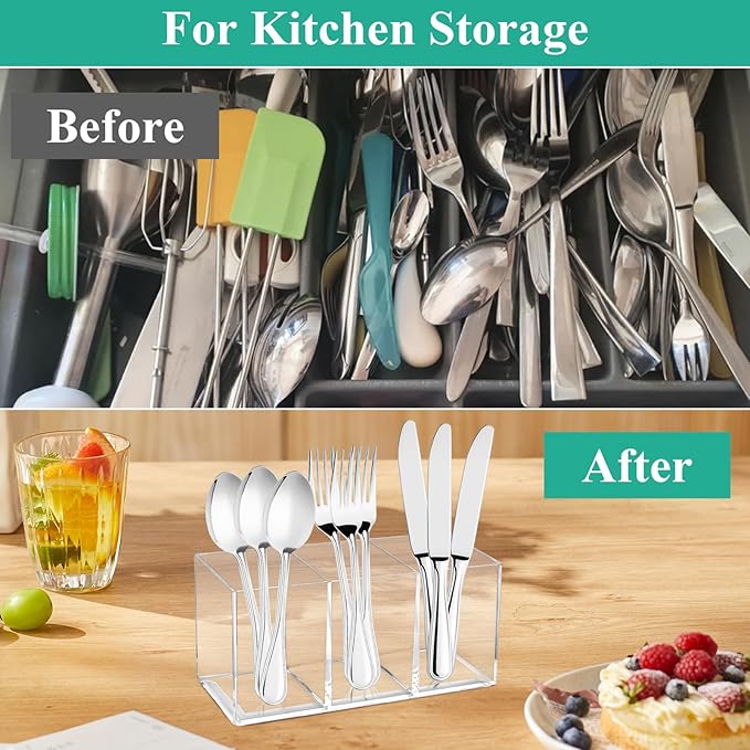 3 Pcs Acrylic Cutlery Storage Organizer, Clear Plastic Cutlery Utensil Holder for Kitchen Countertop, 3 Section Silverware Tableware Storage Box for Fork, Knife, Spoon Straws and Napkins-NeatNest