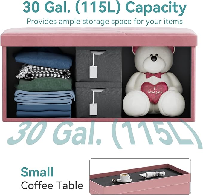 BRIAN & DANY Folding Storage Ottoman Bench, Ottoman with Storage, Foot Rest, Benches Seat for Bedroom, Living Room, Entryway, Long Shoes Bench, 15.7" x 31.5" x 15.7" Hot Pink-NeatNest