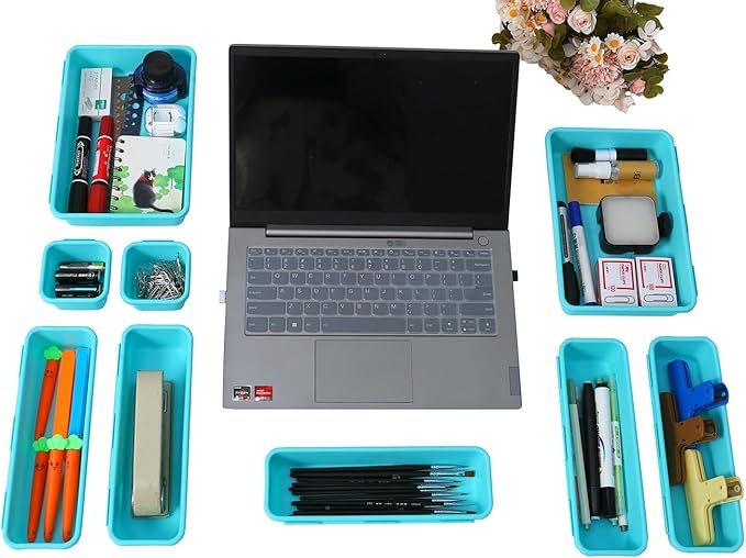 15 PCS Interlocking Desk Drawer Organizer Separator for Office,Bathroom,Kitchen,Makeup（Blue&Green）-NeatNest