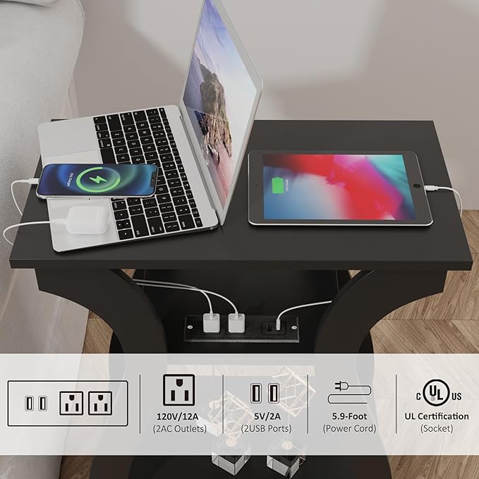 End Table with Charging Station, Side Table with USB Ports and Outlets, 3 Tier Nightstand Sofa Table for Small Spaces, Beside Table with Storage Shelf for Living Room, Bedroom
