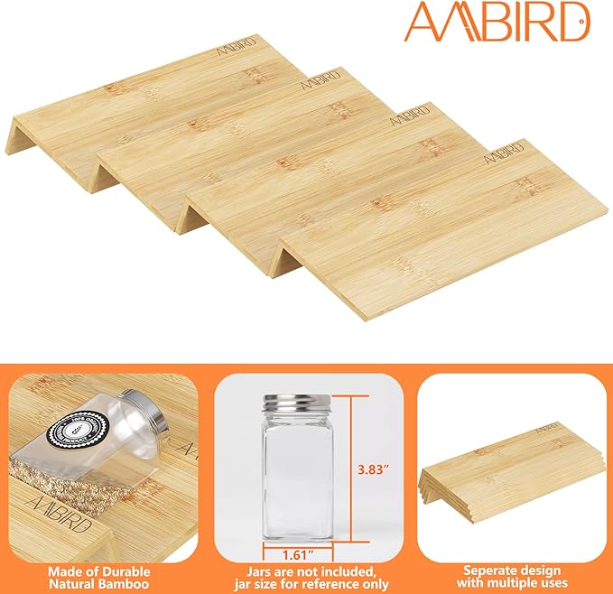 AMBIRD Bamboo Spice Drawer Organizer with Non-slip Mat,4 Tier - 2 Set Jar Spice Rack Tray From 12''to 24'',Hold up 48 Jars Seasoning Organizer for Kitchen,Cabinet,Drawers,Countertop-NeatNest