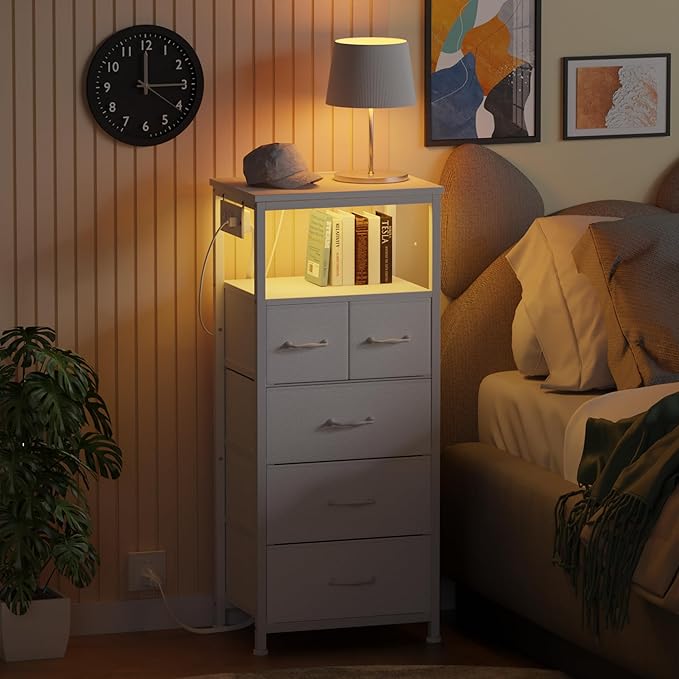 Furnulem Dresser for Bedroom, Tall Nightstand, Vertical Chest with Wood Top, Charging Station, LED Lights, 5 Fabric Bins, Bedside Table with Shelf, Furniture for Entryway (5 Drawer, White)