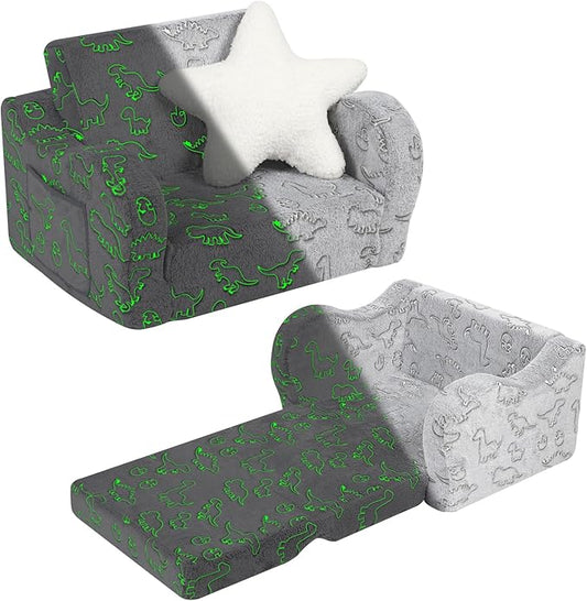 Dinosaur Glow in The Dark Toddler Couch, 2-in-1 Toddler Soft Couch Fold Out with Star Pillow, Convertible Sofa to Lounger for Girls and Boys, 1-Seat-NeatNest