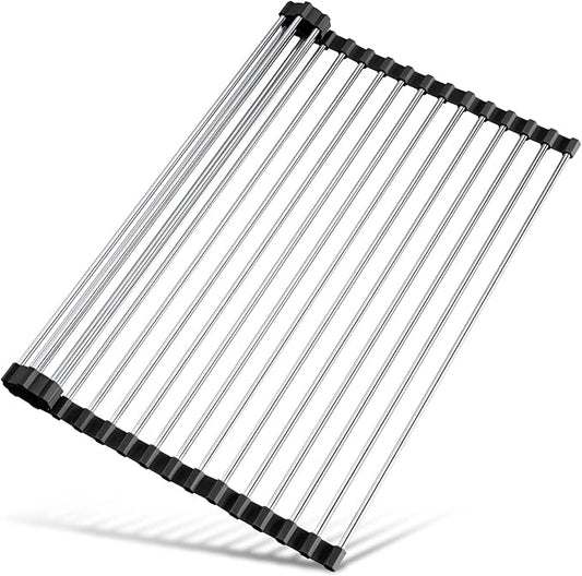 Tomorotec 17.7" x 12.5" Roll Up Dish Drying Rack Over Sink Drying Rack Sink Cover Kitchen Sink Accessories Gadget Multipurpose Organizer Foldable Stainless Steel Drainer