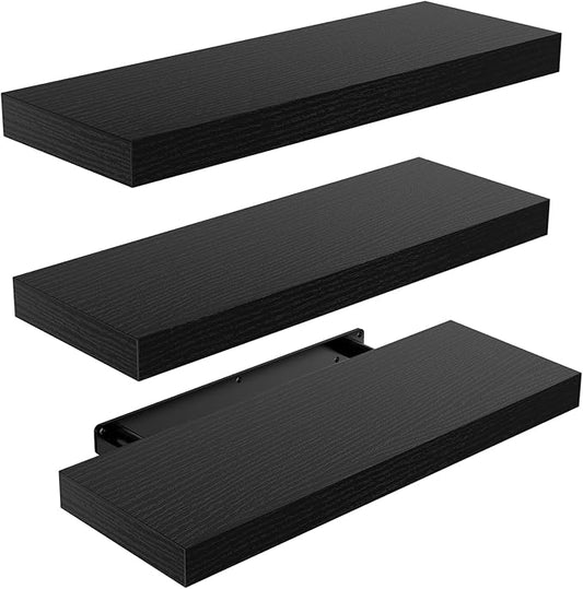 AMADA HOMEFURNISHING Floating Shelves Black, Wall Shelves with Invisible Brackets for Bedroom, Bathroom, Living Room, Kitchen, Set of 3 - AMFS07-NeatNest