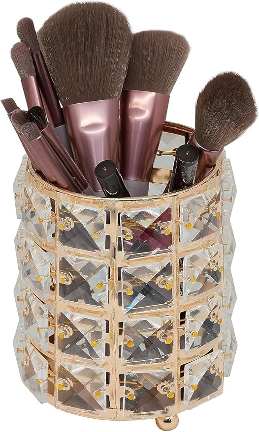AKOAK 1 Pack Crystal Makeup Brush Holder Office Supplies Storage Rack Eyebrow Pencil/Lipstick/Pencil Makeup Container, Dressing Table, Bedroom, Office (Gold)-NeatNest