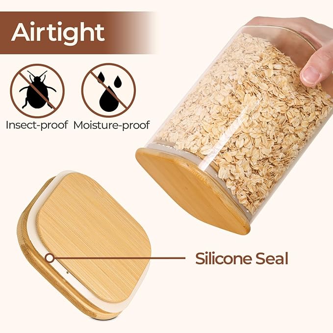 ComSaf 1.4 Qt Glass Storage Containers with Lids, Glass Jars with Lids, Clear Food Storage Jar, Square Canister Set of 3, Pantry Organizers and Storage for Flour Oat Pasta Tea Cookie Coffee Bean-NeatNest