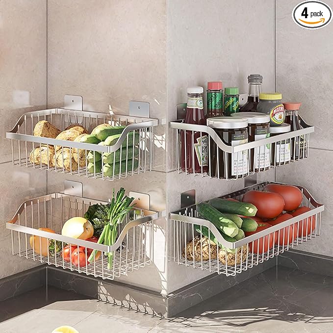 4 Set Hanging Wall Mount Storage Baskets, Multiuse Sturdy SUS304 Stainless Steel Organizing Baskets for Home Kitchen, Bathroom, Pantry Utility, Laundry Organizer,L15.75Inch, D 6.3Inch, H 4.75Inch-NeatNest