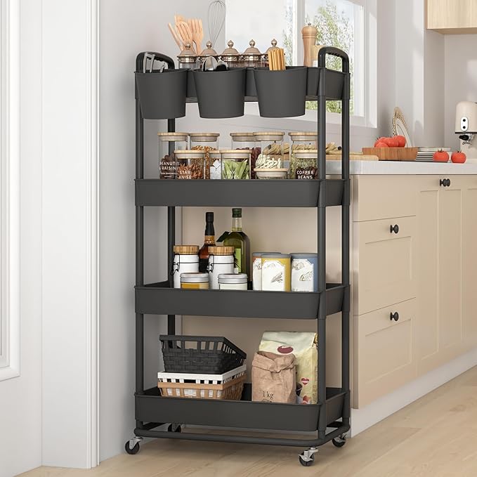 JIUYOTREE 4-Tier Plastic Rolling Storage Cart Utility Cart with Extra Hanging Cups Handles Lockable Wheels for Living Room Bathroom Kitchen Office Black-NeatNest