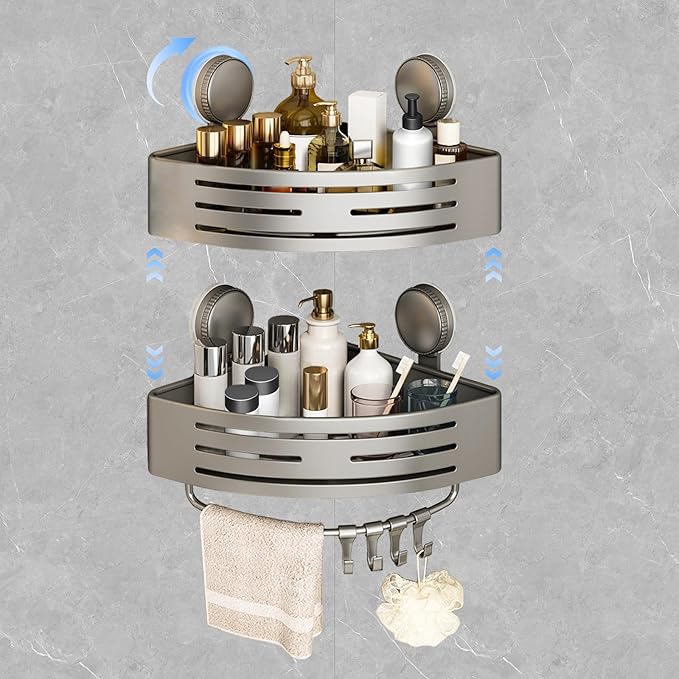 Suction Cup Shower Shelf,Shower Caddy Corner with Hooks and Towel Bar,Wall Hanging Corner Shower Caddy Suction Cup,No Drilling Rust Proof Aluminum Shower Shelf for Toilet & Kitchen(2-Pack,Gray)