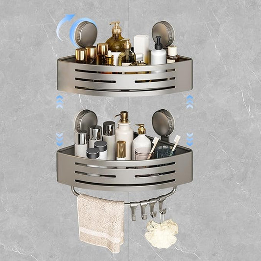 Suction Cup Shower Shelf,Shower Caddy Corner with Hooks and Towel Bar,Wall Hanging Corner Shower Caddy Suction Cup,No Drilling Rust Proof Aluminum Shower Shelf for Toilet & Kitchen(2-Pack,Gray)