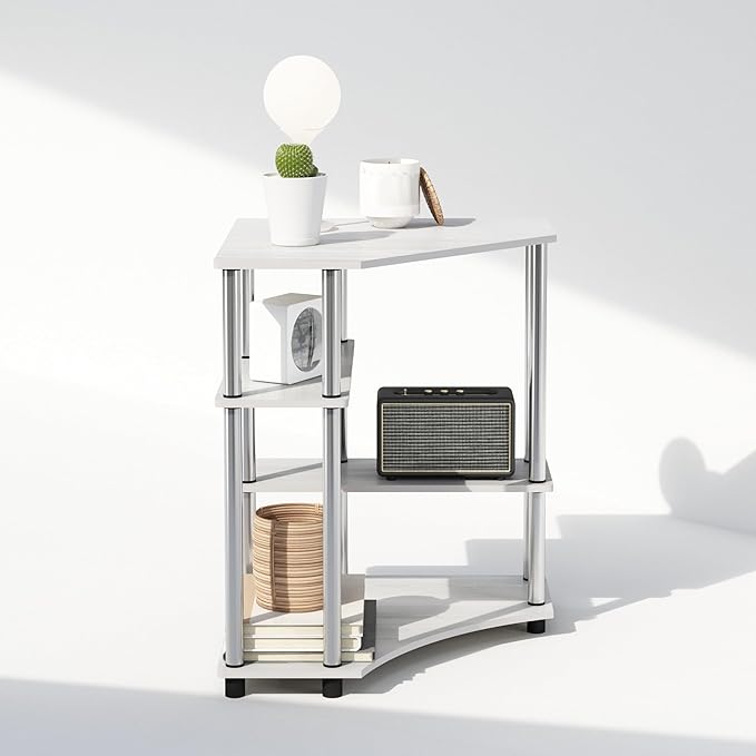 Furinno Turn-N-Tube Multipurpose Corner Shelf, Display Rack, Bookshelf, White Oak, Stainless Steel Tubes-NeatNest