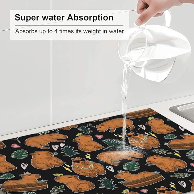 Capybara Dish Drying Mat for Kitchen Counter Cute Kitchen Mat Microfiber Kitchen Countertop Absorbent Reversible Drainer Rack Pad Dish Drying Mat 18 x 24 Inch-NeatNest