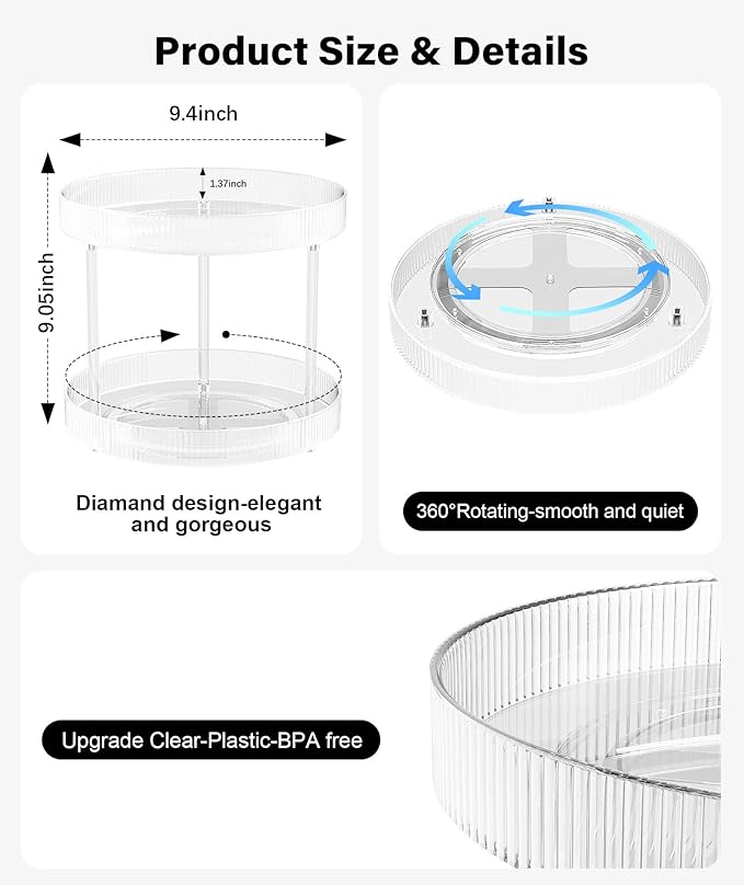360° Clear Rotating Storage Tray, 2 Tier Lazy Susan Bathroom Countertop Organizer, Cosmetics and Perfume Organizer, Spinning Storage Tray Vanity Organizer Shelf for Bathroom Cabinet, Kitchen(Medium)-NeatNest