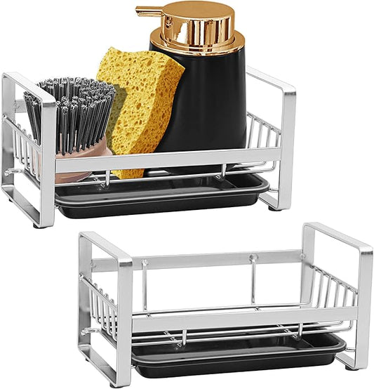 2 Pack Kitchen Sponge Holder - Kitchen Sink Organizer - Sink Caddy - Sink Tray - Soap Holder - Stainless Steel, Silver+Black, 2PCS