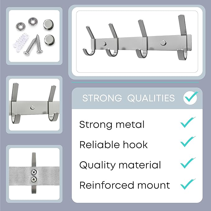 Coat Rack Wall Mount – Brushed Nickel 12 Inch Stainless Steel Hook Rail with 4 Heavy Duty Double Coat Hooks – Wall Mounted Coat Hanger for Entryway, Bathroom, Bedroom, Towel, Hat Organizer-NeatNest