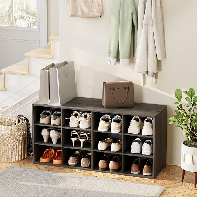12-Cubby Shoe Rack, 3-Tier Wood Shoe Organizer, Multifunctional Shoe Organizer Bench for Entryway, Mudroom, Hallway, Closet,36.22 * 11.81 * 17.72 Inch,Black-NeatNest