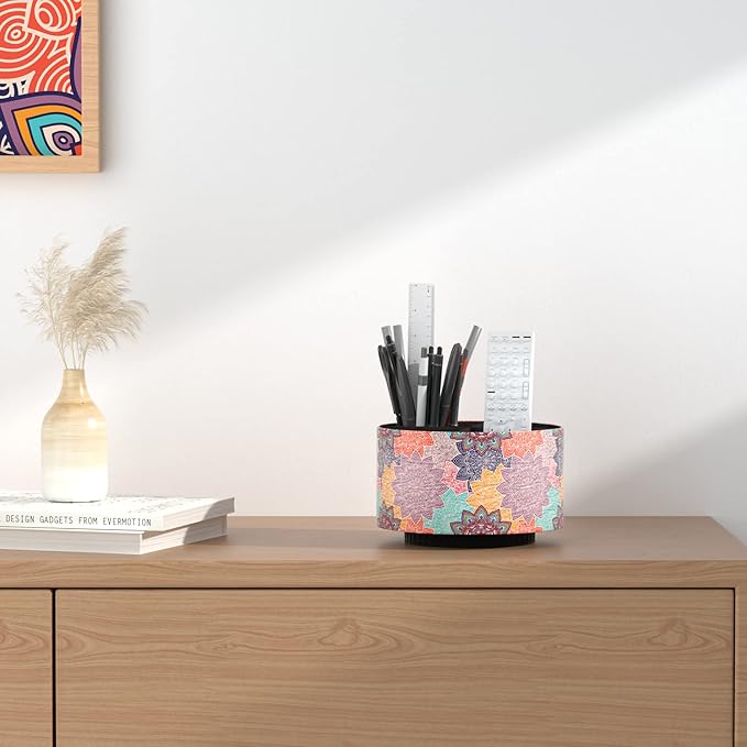 Hennaja Round Leather Art Supply Organizer,Remote Control Holder,360 Degree Rotating,Multi-Functional Pencil Holder,4 Compartments Desktop Stationary Organizer(1-Colorful Flower)-NeatNest