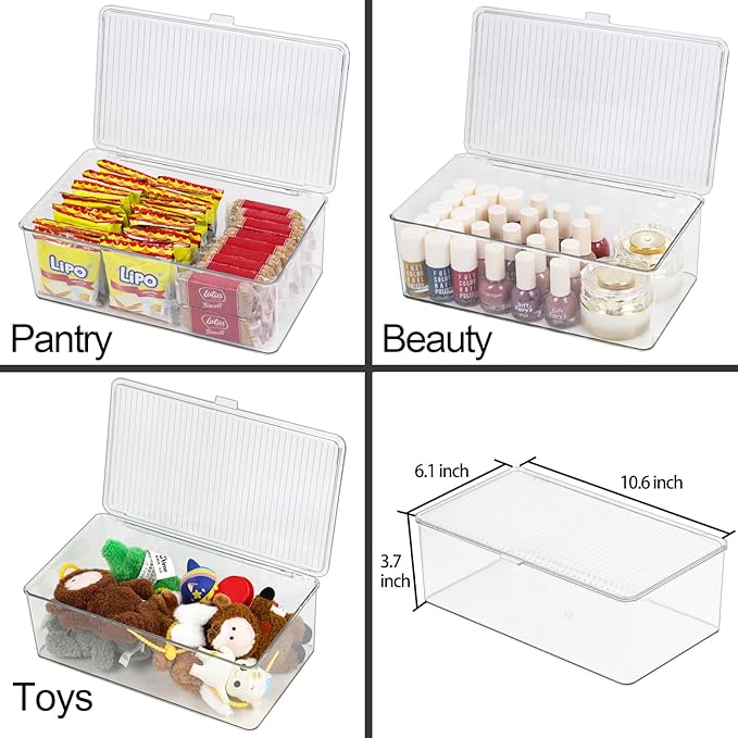 Clear Plastic Storage Bin with Lid, Makeuo Holder, Fridge Organizer, Refrigerator Organizers and Storage, Small Container for Pantry, Office, Dresser, Bathroom, Kitchen, Snack