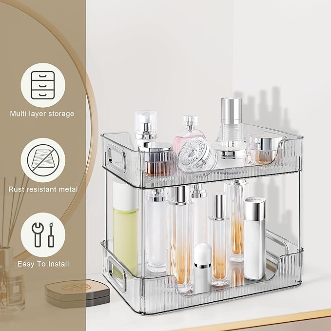2-Tier Bathroom Counter Organizer Countertop Storage, Dresser Organizer Vanity Tray for Makeup, Perfume Organizer Cosmetics Skincare Shelf - Grey-NeatNest