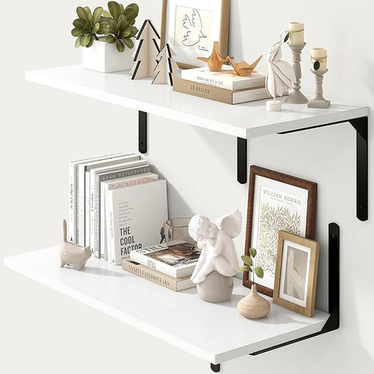 Fun Memories Floating Shelves for Wall, 12 Inch Deep Floating Shelves Set of 2, Wall Mounted Shelf with Metal Brackets, Rustic Wood Wide Shelf for Bathroom, Kitchen and Living Room, White, 32W x 12D-NeatNest