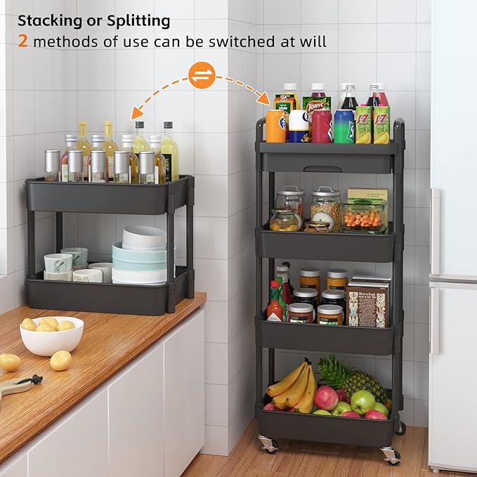 Calmootey 4-Tier Rolling Utility Cart with Drawer,Multifunctional Storage Organizer with Plastic Shelf & Metal Wheel,Storage Cart for Kitchen,Bathroom,Living Room,Office,Black-NeatNest