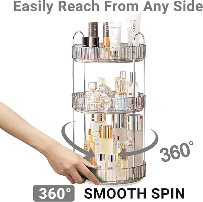 360 Rotating Makeup Organizer,3 Tier Large Capacity Make Up Organizers and Storage,Makeup Organizer for Bathroom,Cosmetic Perfume Stand Organizer(Grey-3 Tier)-NeatNest