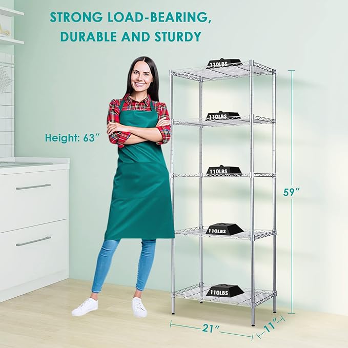 BNSPLY 5 Tier Wire Shelving Unit, Adjustable Wire Rack Shelving, Changeable Metal Wire Storage Shelves for Kitchen, Laundry, Bathroom, Balcony, Pantry (11.4" D x 21.3" W x 59" H, Silver)-NeatNest