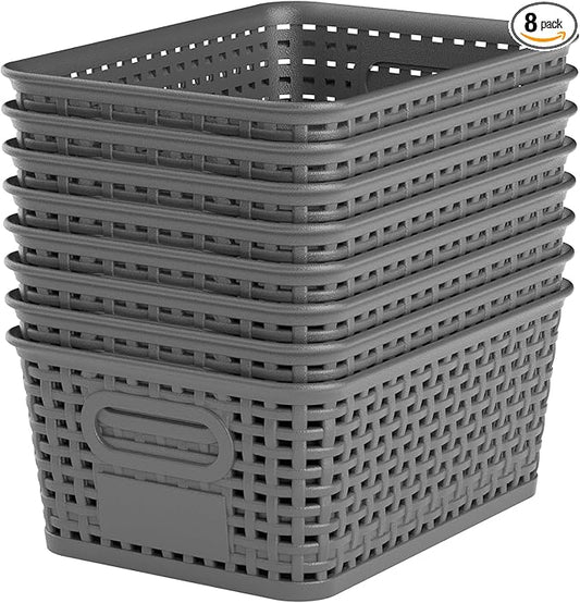 Gray Plastic Storage Baskets - Pack of 8 with Labels Stackable Durable Storage Bins, Storage Containers for Organizing Desks, Closets, Playrooms, Classrooms, Offices