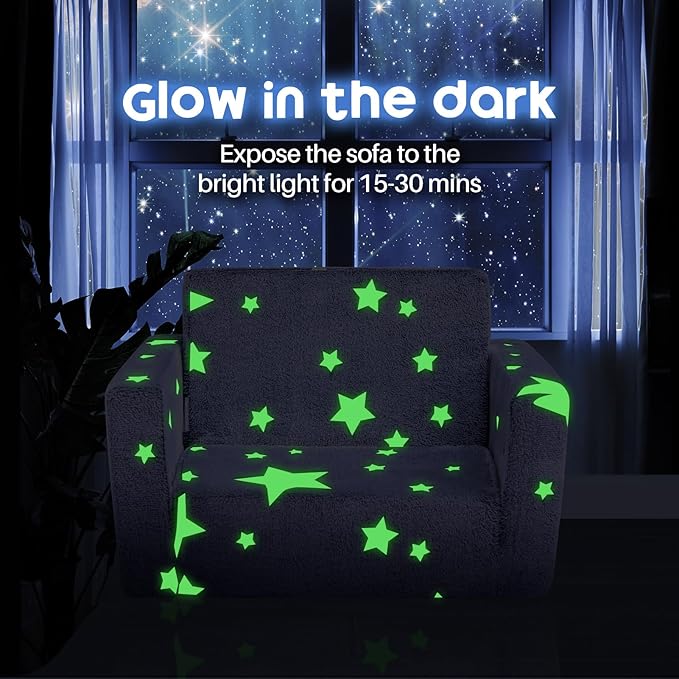 ALIMORDEN 2-in-1 Toddler Fold Out Couch, Comfy Convertible Sofa to Lounger, Glow-in-The-Dark Star Pattern Foam Seat for Little Ones with Removable Washable Cover-NeatNest