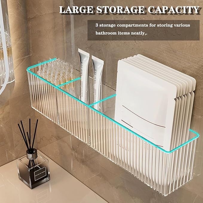 2 Pack Bathroom Makeup Organizer Wall Mount Clear Bathroom Organizers and Storage with 3 Compartments Plastic Storage Organizer Bins Floating Shelves for Wall, Narrow Space, Office, Bedroom 14''Length-NeatNest