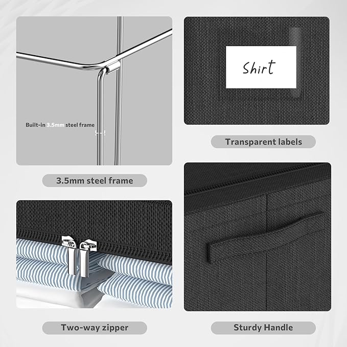 Clothes Storage Bins Box - Linen Fabric Foldable Stackable Container Organizer Set with Clear Window & Carry Handles & Metal Frame (Black, Large-66L)-NeatNest