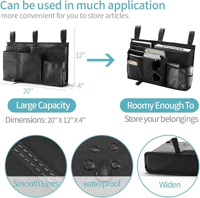 Bseash Bunk Bed Organizer, Bedside Caddy Hanging Bed Organizer Storage Bag 8 Pockets, for College Dorm Rooms Bed, Hospital Bed, Baby Bed Rails, 600D Oxford Cloth-NeatNest