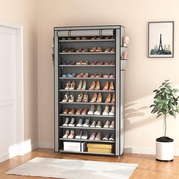 ROJASOP Shoe Rack with Covers, Stackable 10 Tier Tall Shoe Shelf Storage 50-55 Pairs Shoes and Boots Large Capacity Vertical Shoe Rack Organizer for Closet Entryway Garage Bedroom, Grey-NeatNest
