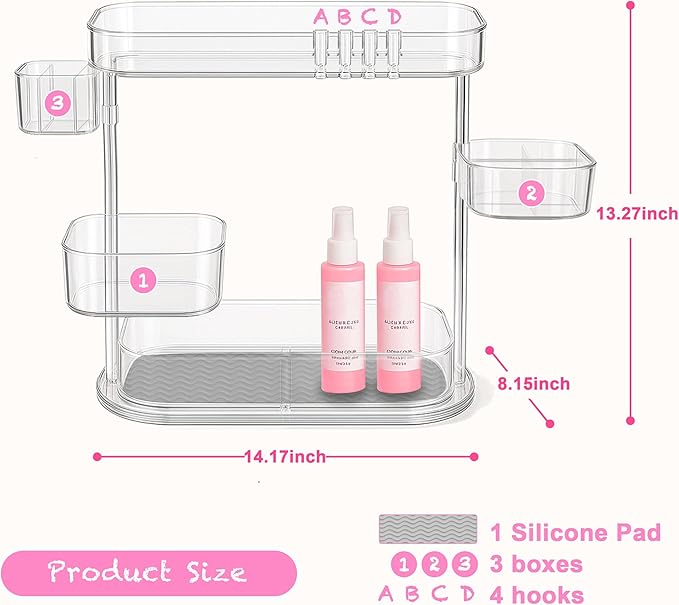 3 Tier Bathroom Organizer Countertop Rotating Makeup Tray Counter Storage Vanity and Skincare Shelves Clear