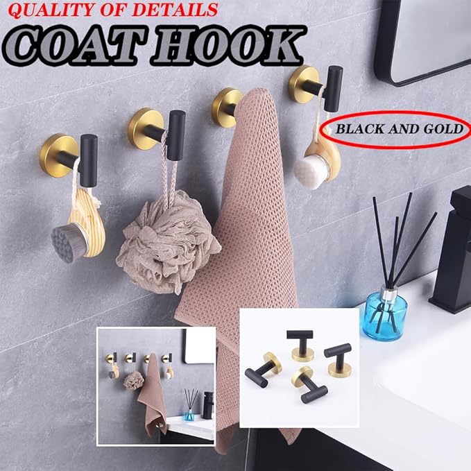 GERZWY Stainless Steel Towel Hook Robe Hook Coat Hook Heavy Duty Wall Mounted Luxury Hooks for Bathroom Hotel 4 Pack (Black & Gold) AG1307B-BD