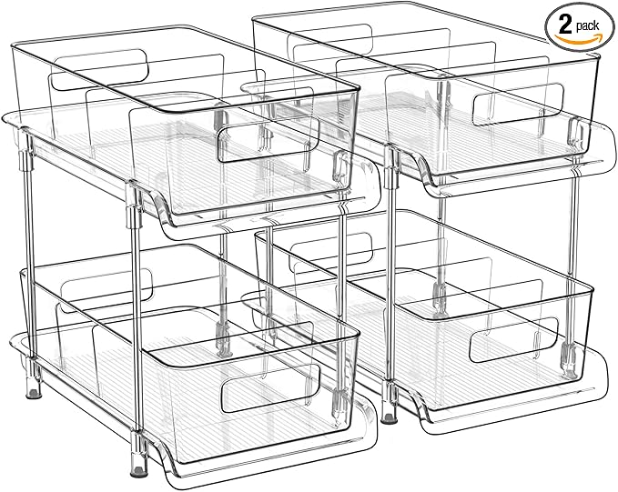 HIHEGD 2-Tier Bathroom Organizer with Dividers, Clear Under Sink and Pull-Out Cabinet Organizer for Kitchen and Pantry Storage-NeatNest