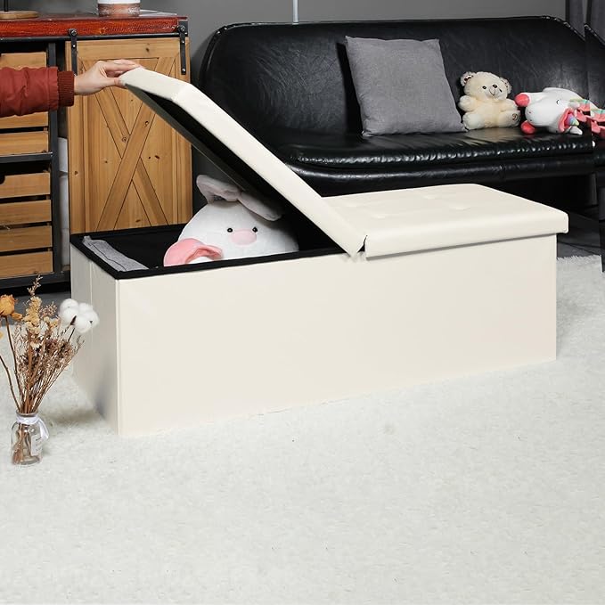 B FSOBEIIALEO Storage Ottoman with Filpping Lids, Ottoman Storage Bench Footrest Seat, Storage Chest Faux Leather 43.3"x15"x15" (White)